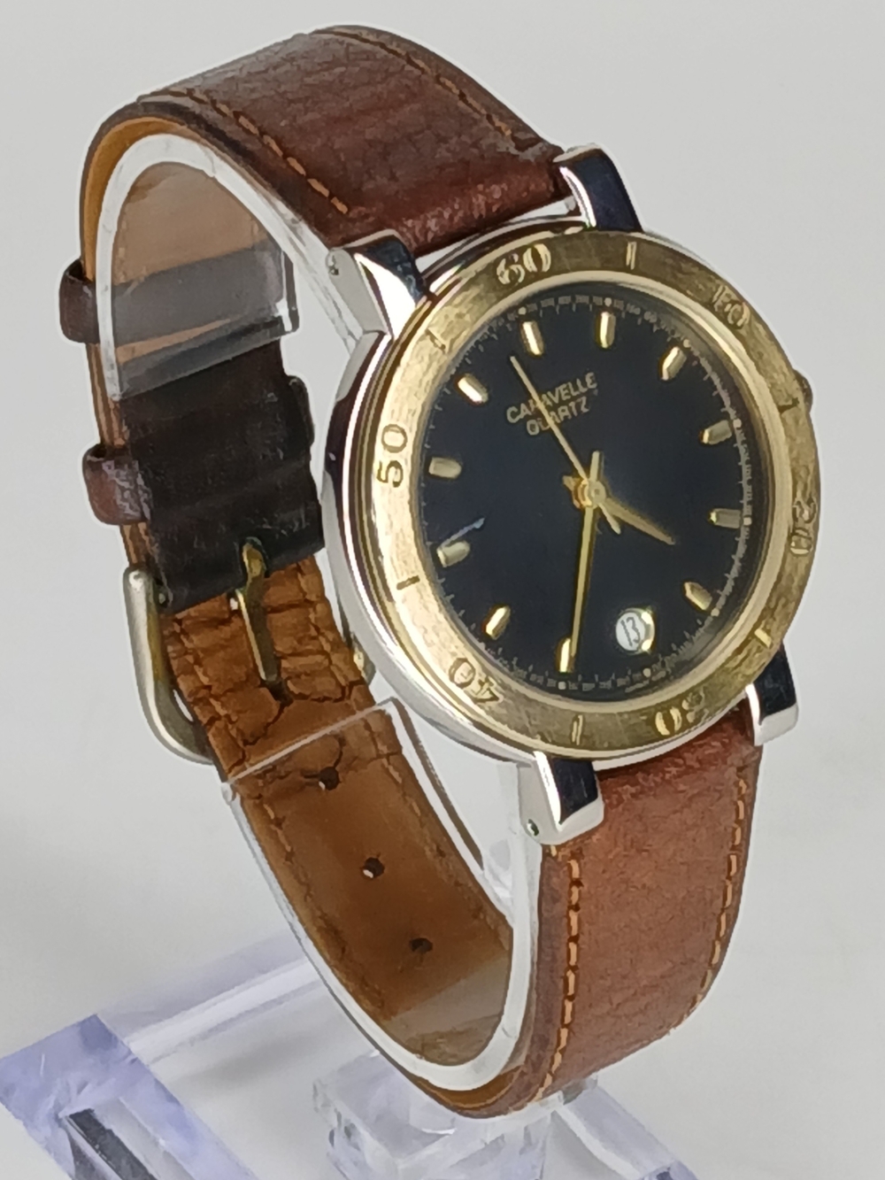Quartz Men's 34mm Brown Leather Strap Watch with Gold Accents